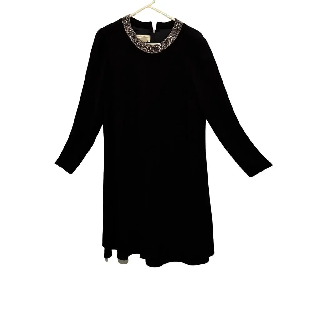 Jones New York Dress Size 12 Black Cape Swing Dress Shoulder Pads Beaded Neck - Picture 2 of 11